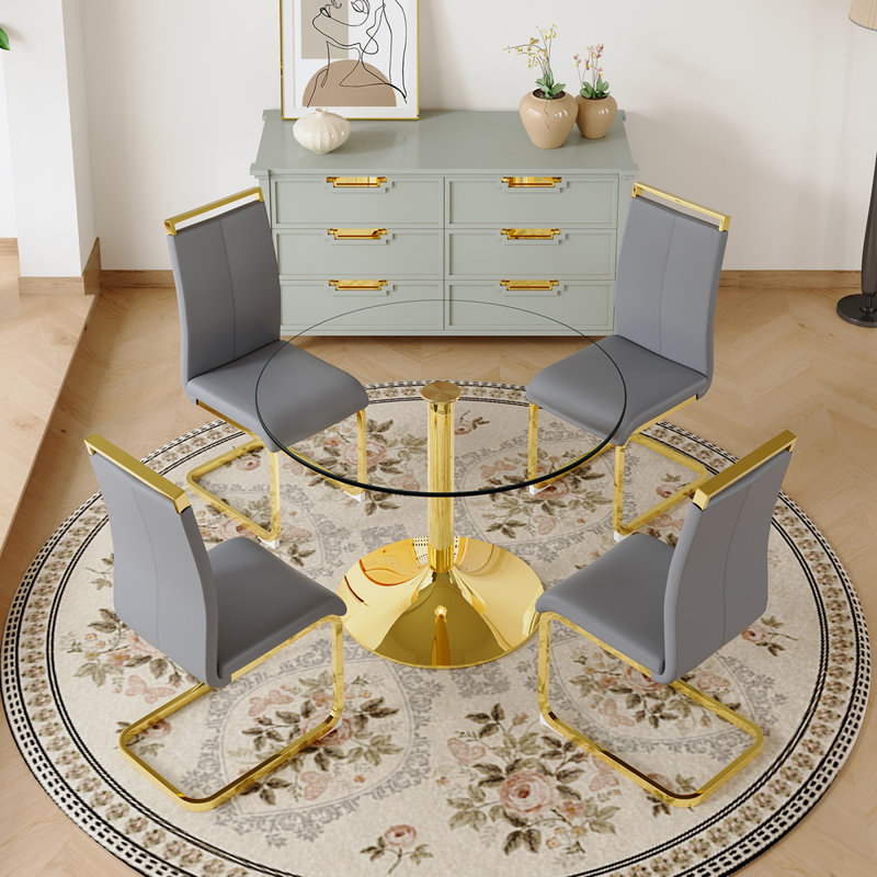 5 - Piece Pedestal Dining Set, Light Gray, 29.5"H x 35"L x 35"W