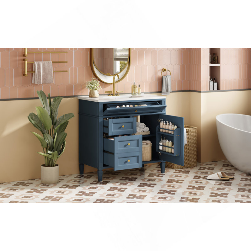 Meuble-lavabo 36 po avec lavabo supérieur, meuble-lavabo moderne avec 2 tiroirs et tiroir escamotable, meuble-lavabo simple