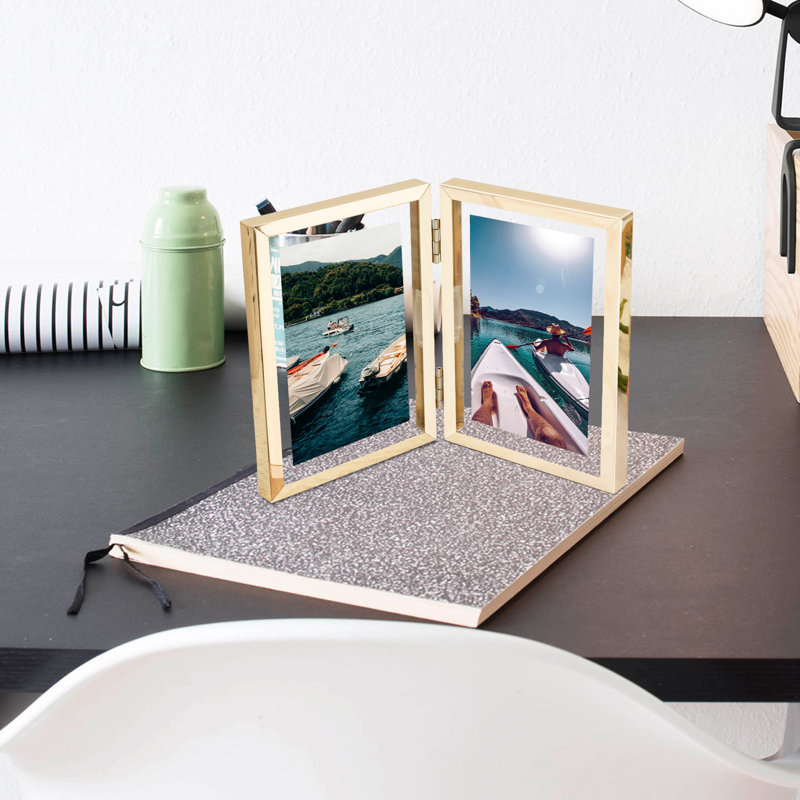 Hinged Floating Metal Frame with Real Glass, Gold, 4" x 6"