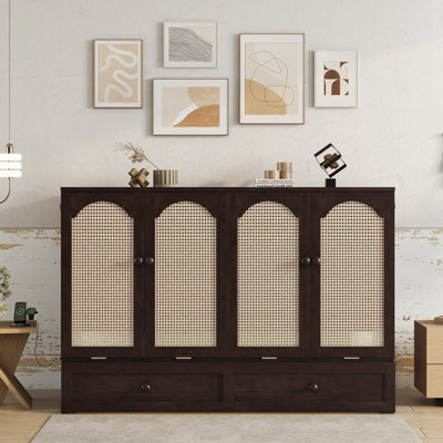 Armoire pour grand lit escamotable avec structure en bois de pin, panneau en rotin et centrale électrique intégrée