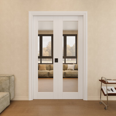 Porte de miroir double 48 po x 96 po avec serrure noire, miroir et dalle de verre de sécurité, peint et imperméable, combinaison pour garde-robe, portes de garde-manger, portes de chambre à coucher