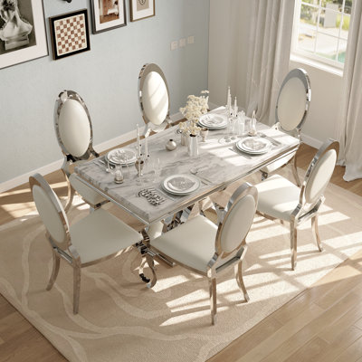 Luxury White And Silver Dining Table Set With 6 White Leather Dining Chairs