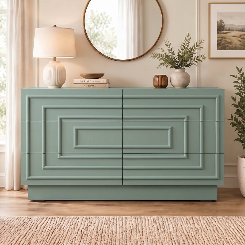 Commode géométrique de style Mid-Century de 145 cm (57,2 po), 6 tiroirs à ouverture par pression avec fond épais, sans poignées, meuble de rangement multifonctionnel pour chambre, salon ou couloir.