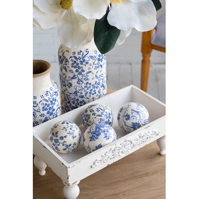 Blue and White Ceramic Decor Balls with Floral Patterns - Set of 4 - 4x4x3.5"
