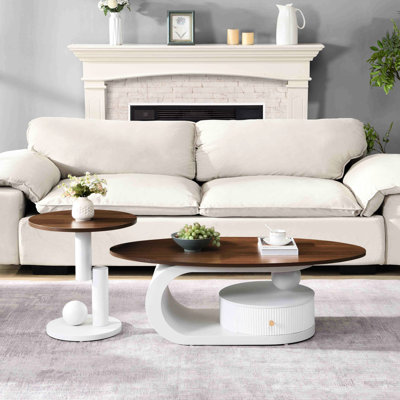 2 - Piece Coffee Table , Storage, Oval And Round Tables, Antique Brown White, Easy To Up, Stable Frame Design Nesting Large Cocktail Table, Small End Metal, Structure