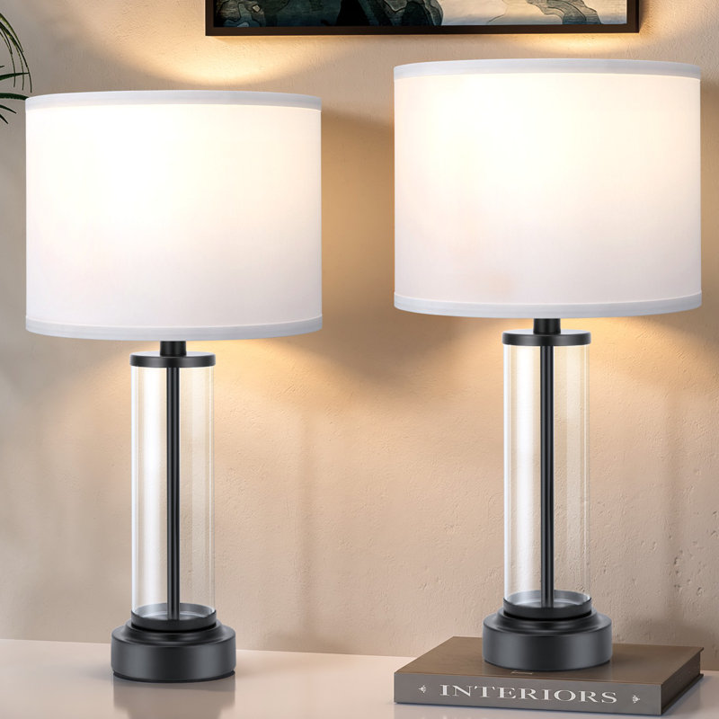 23'' Modern Glass Table Lamp Set with 3-Way Touch Control and USB A&C, Black