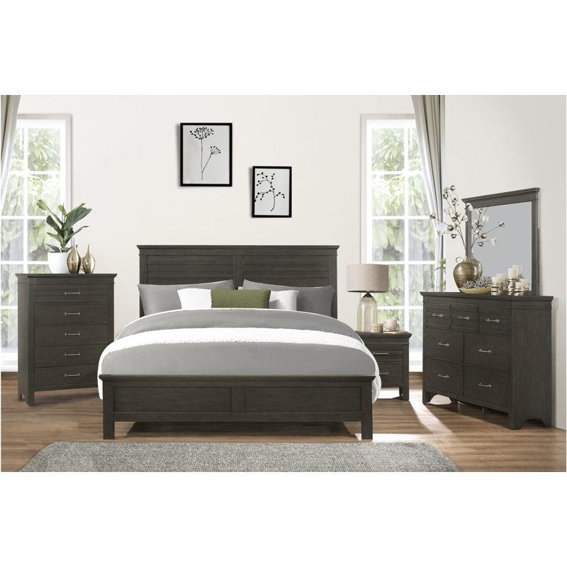 Ensemble de chambre à coucher avec lit à panneaux 4 pièces Vonni Farm, Six pièces : lit, commode, miroir, deux tables de