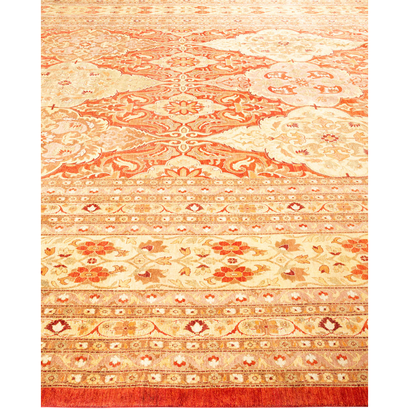 Tapis orange / gris / ivoire noué à la main de conception unique 12 pi 3 po x 14 pi 4 po Hayner