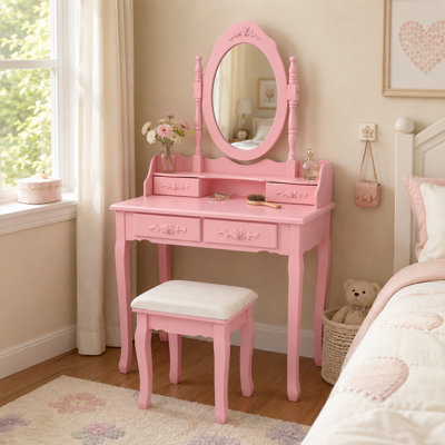 Ensemble de meuble-lavabo moderne en MDF avec miroir rotatif et tabouret pour le rangement de maquillage dans la chambre à coucher