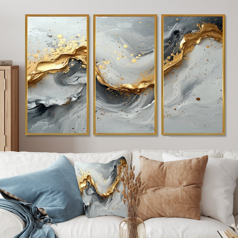 Marbre abstrait dans des tons de gris et d'or IV - ensemble d'art mural mural en marbre, Toile avec cadre flottant or