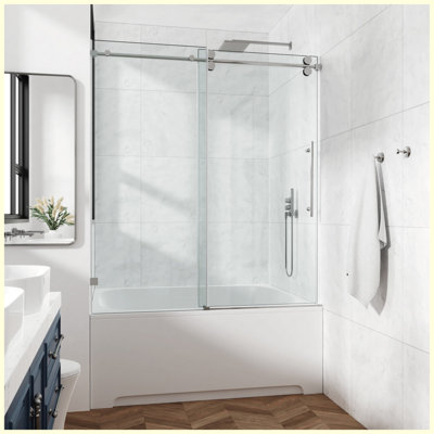 48x76" Fixed & Sliding Shower Door, Round Tube Hardware, Round Tube Hardware, Clear Glass Shower Door, 3/8″ (10mm) SGCC Tempered Glass, Stainless Steel, Brushed Nickel