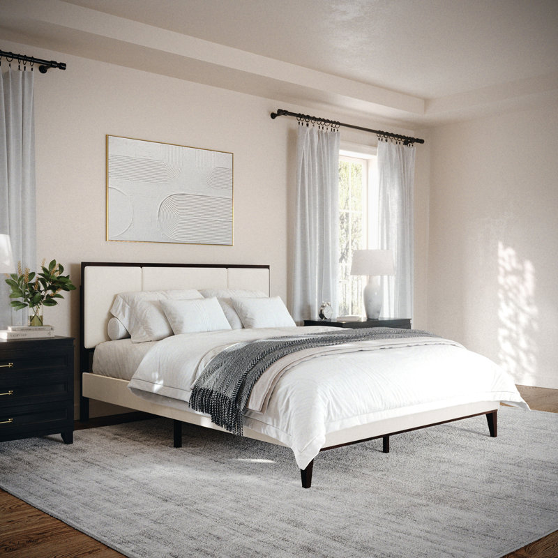Queen Dark Brown and Beige Upholstered Wood Platform Bed