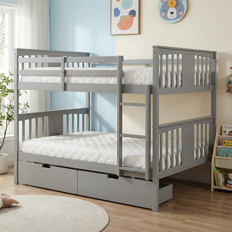 Lit superposé double en bois massif avec tiroirs et échelle pour chambre à coucher, Gris