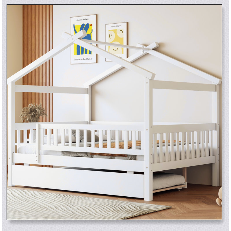 Wooden House Bed With Trundle, White