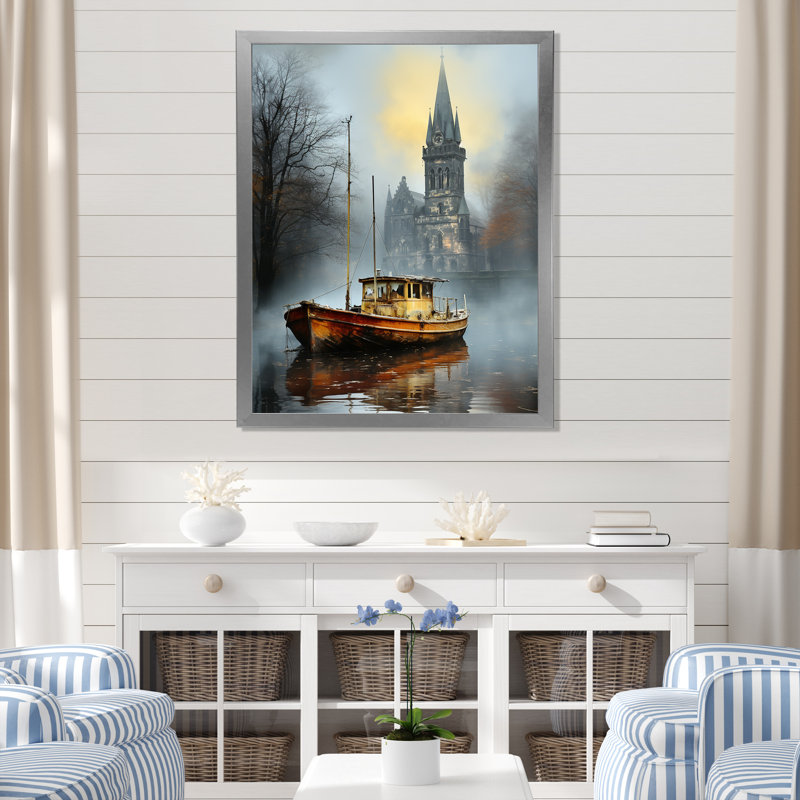 «Gray Church and Harbour Boat Sunset» - art mural coucher de soleil côtier, Cadre photo argenté, H 40 po x l 30 po x P 1,5 po