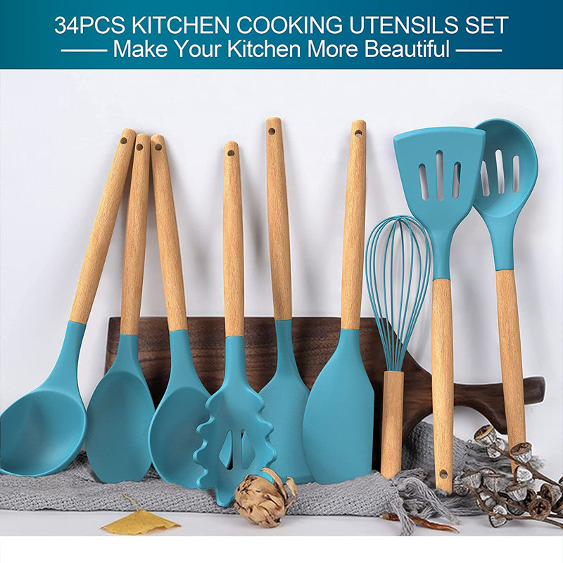Ensemble d'ustensiles de cuisine 43 pièces avec poignées en bois de silicone, gris