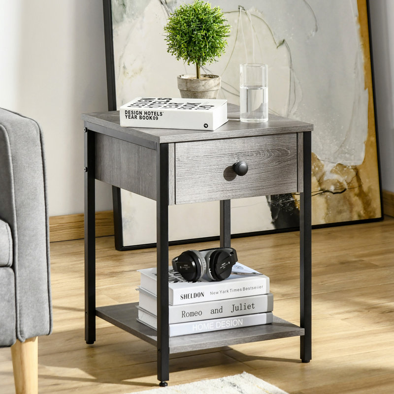 Table de bout industrielle avec tablette de rangement, table d'appoint moderne avec tiroir pour le salon ou la chambre à coucher