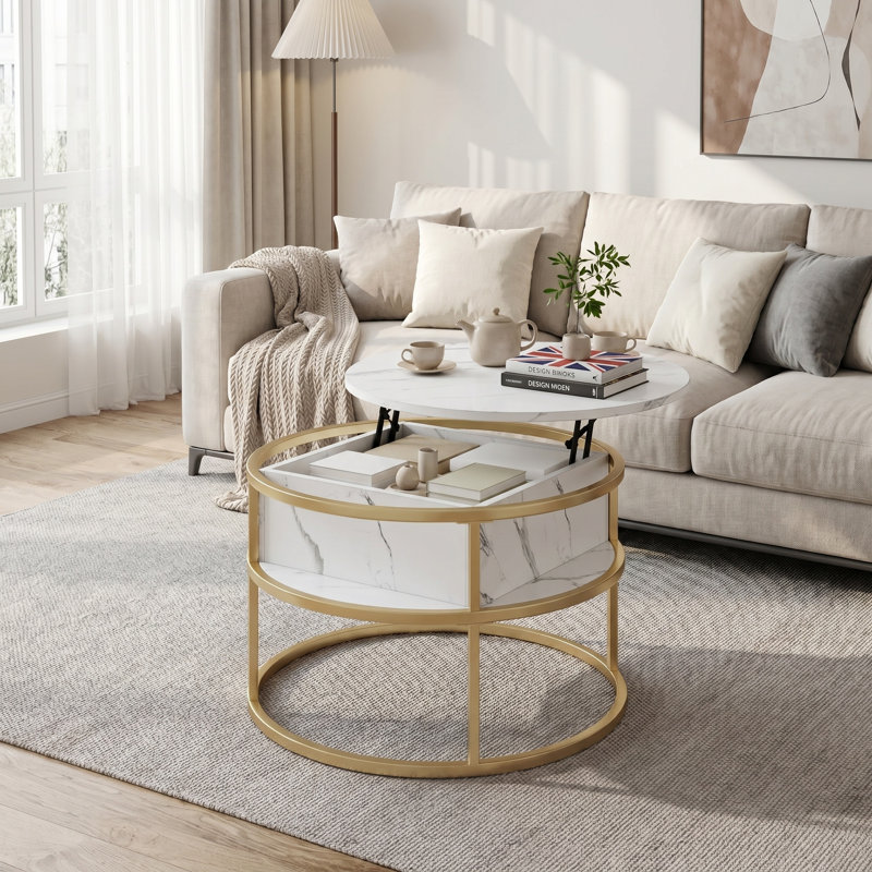 Coffee Table, White Wood, Gold, Marble