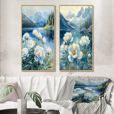 Pivoines au bord du lac de montagne en hiver I - Collection de 2 décorations murales en toile florale