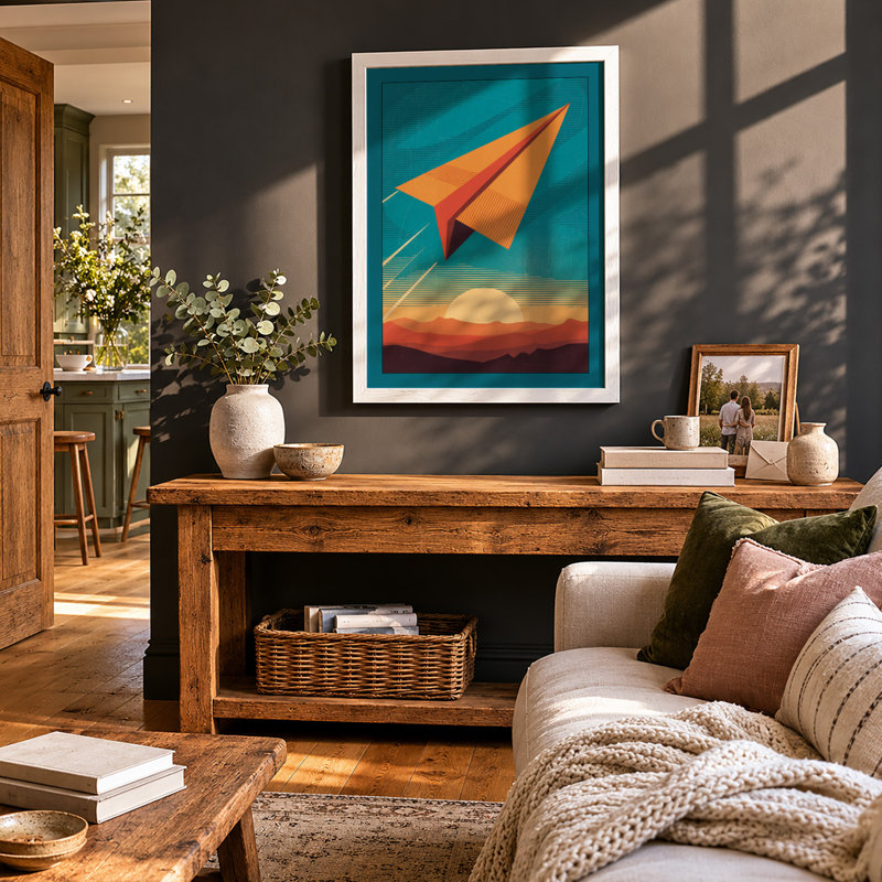 Paper Plane at Dawn Retro 1 Piece Single Picture Frame Wall Art, A2 - 59.4 x 42.0 cm, White