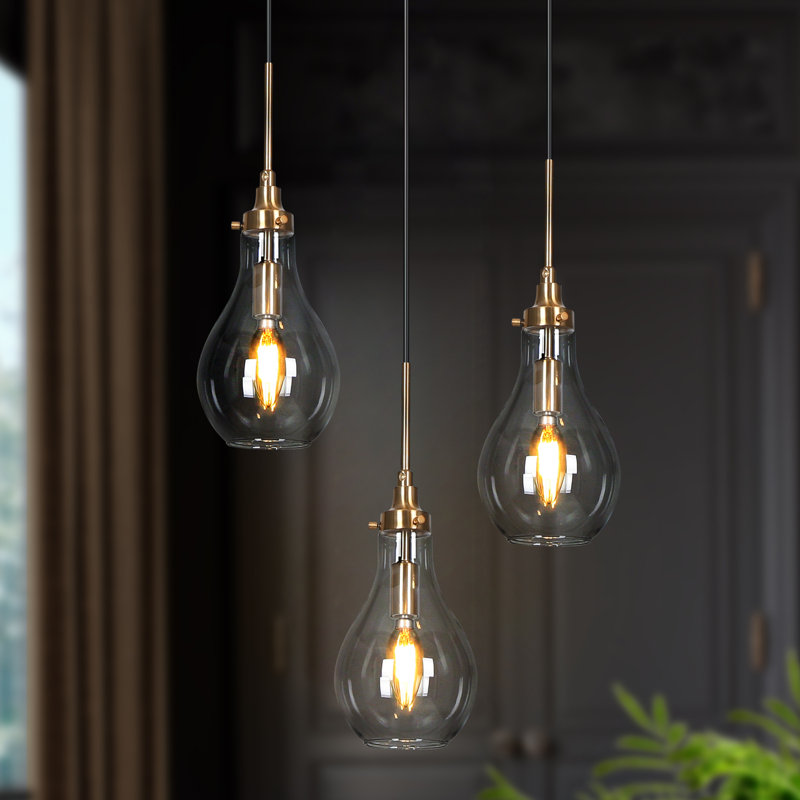 Hooman 3 - Light Cluster Teardrop Pendant Black and Brass with Glass shade 11.8 inches W Ceiling Base