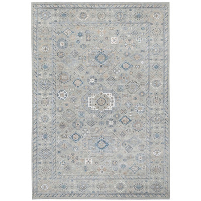 Tapis unique bleu, brun et blanc de 10 pi x 13 pi 8 po