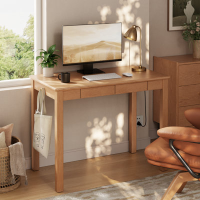 Bureau Elowen en bois massif de 100 cm (39,4 pouces) avec 2 tiroirs, prise électrique latérale, crochet de suspension et bords arrondis