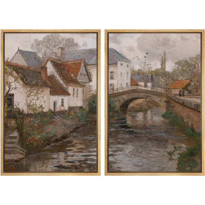 " Rustic European Village By The River Vintage Countryside Nature Wilderness Illustration Decor " 2 - Pieces