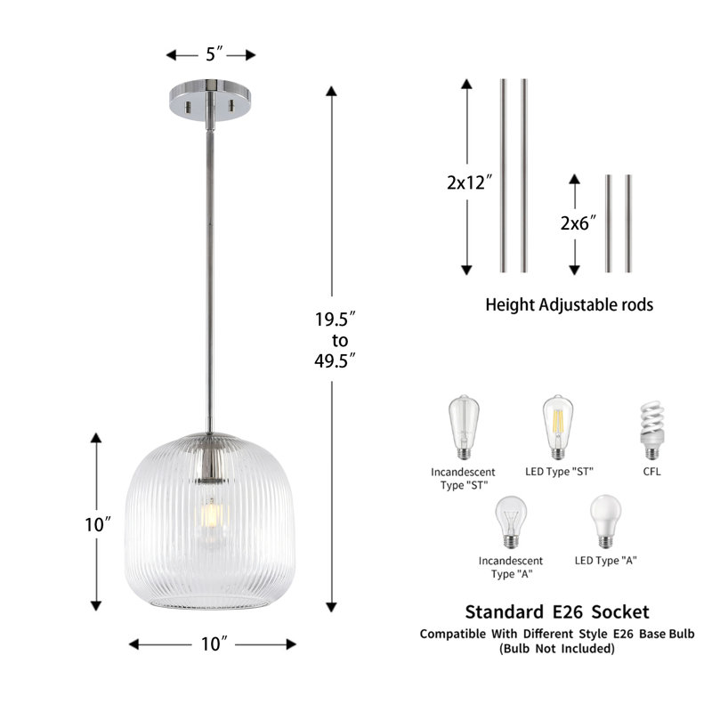 Luminaire suspendu simple en verre nervuré l 10 po et en métal (ensemble de 2), Nickel brossé