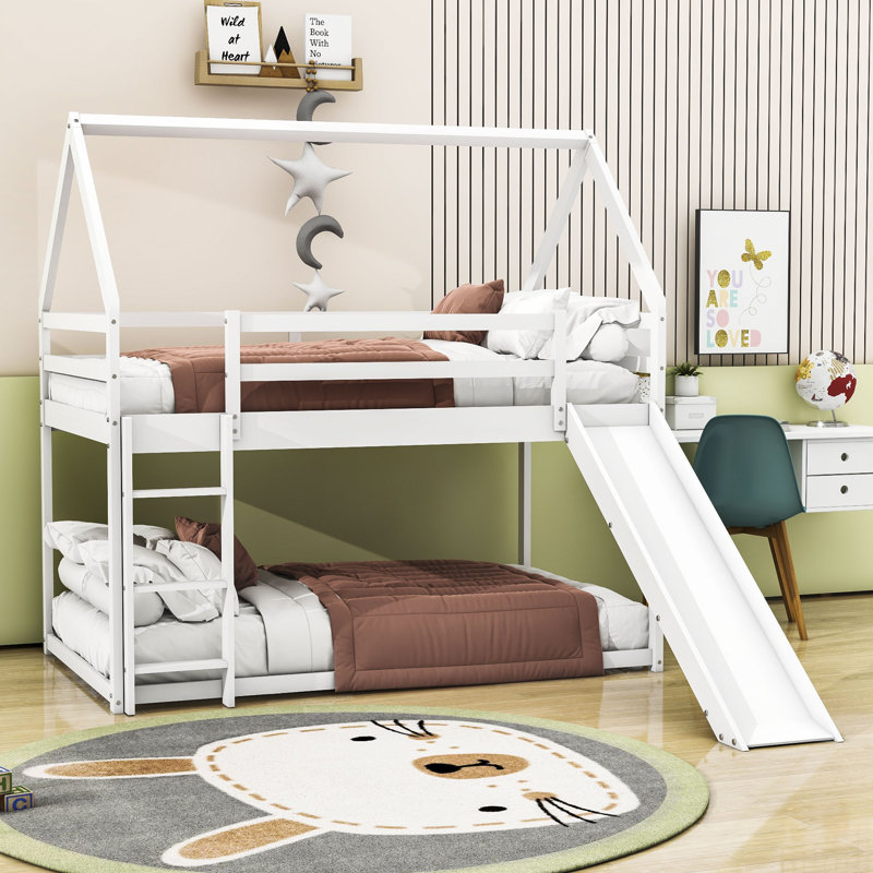Lit superposé simple en bois avec glissière et échelle Romel, Blanc