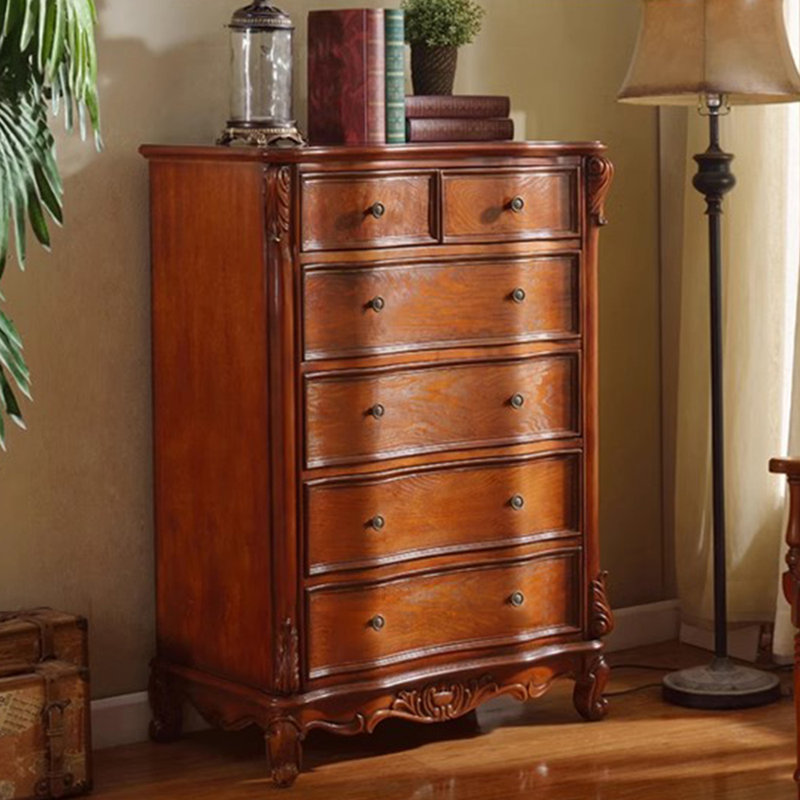 Commode 5 tiroirs en bois d'hévéa sculpté de style antique