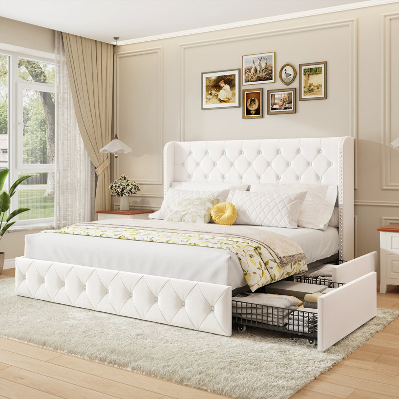 White Upholstered King Bed, Upgrade Your Bedroom with Wingback Tufted Headboard and Large Storage Drawers, White