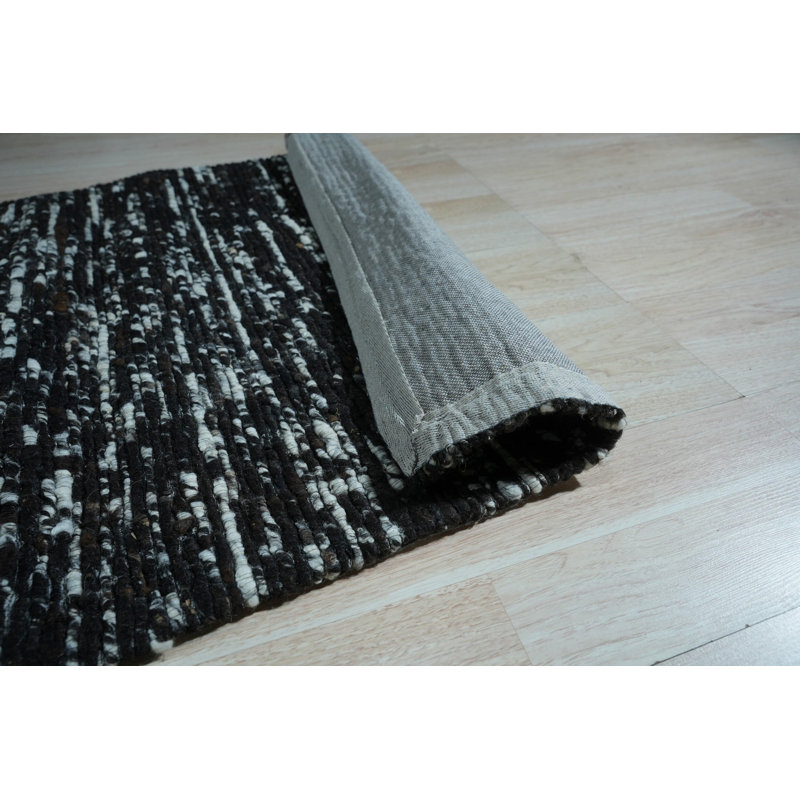 Black Flat Weave Wool Striated Texture Geometric Modern Contemporary Carpet Rug, 3' x 12'