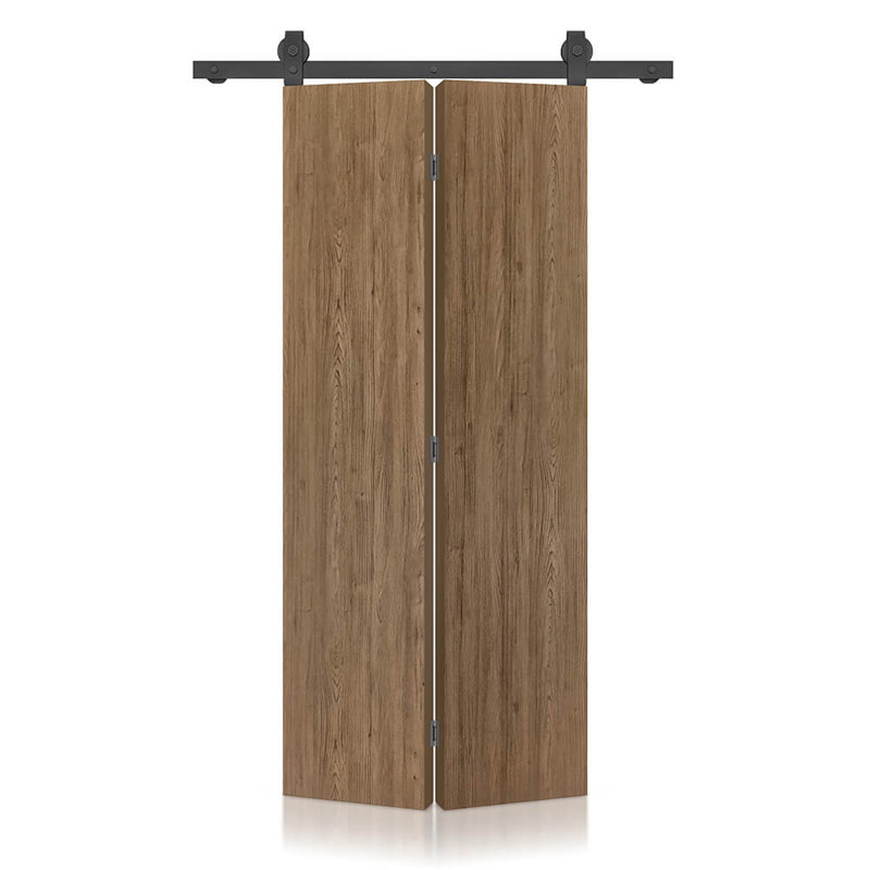 Hollow Core Walnut Composite Texture Bi-Fold Door with Sliding Barn Door Hardware Kit, 26" x 88", 1