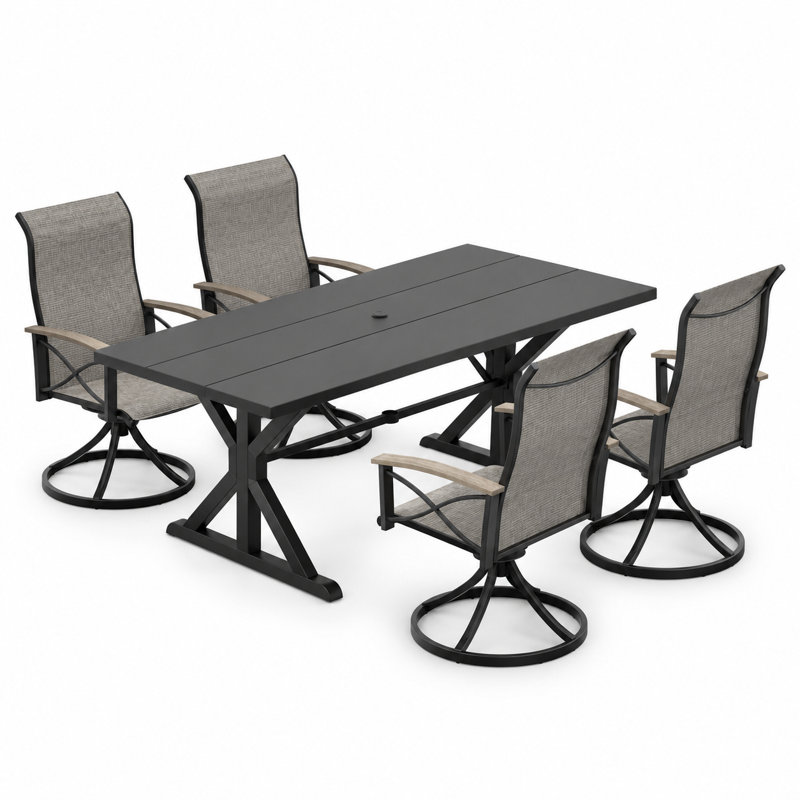 Ensemble repas rectangulaire en acier avec trou pour parasol et 4 chaises berçantes pivotantes en textilène