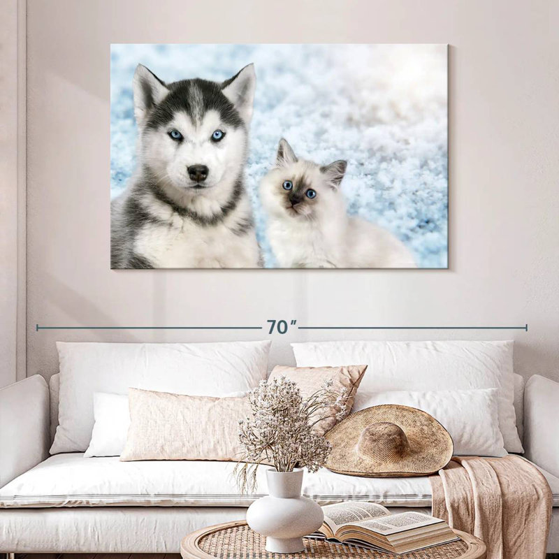 Chiot et chaton aux yeux bleus Brampt, H 32 po x l 48 po