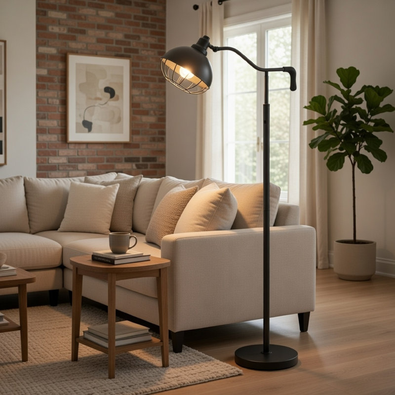 Lampe sur pied 56 po avec abat-jour réglable en forme de cage Loga, fer noir