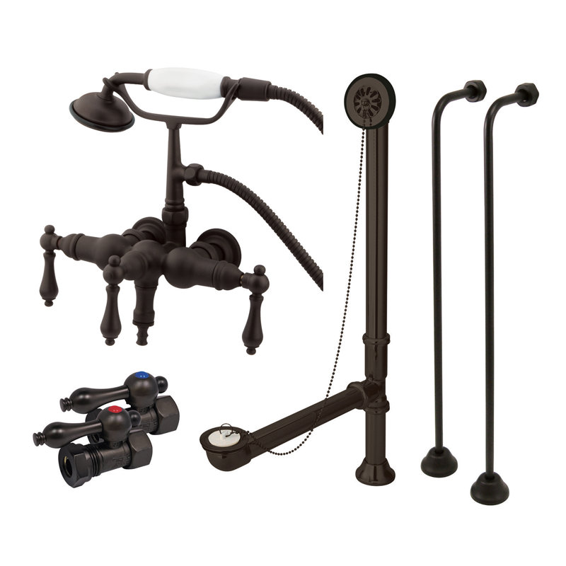 Kingston Brass Vintage Two-Handle 2-Hole Tub Wall Mount Clawfoot Tub Faucet Package with Supply Line, Hand Shower and Tub Drain