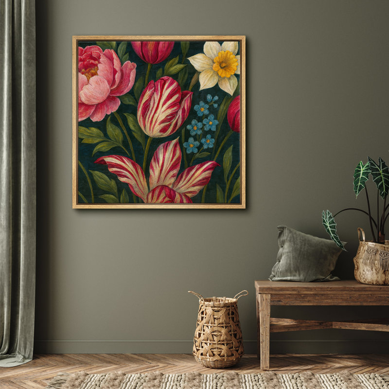 Arrangement floral de tulipes rouges et pivoines rouges rétro - impression sur toile encadrée, H 16 po x l 16 po x P 1,5 po