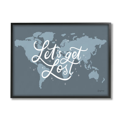 «Let Get Lost Adventure», phrase sur carte du monde surdimensionnée, estampe numérique sur fond noir, art texturé par Becky Thorns