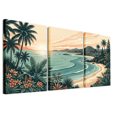 Tropical Beach with Palm Trees and Sunset Set Of 3 Canvas Wall Art