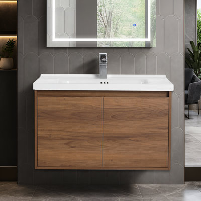 Gennep 32'' Floating Bathroom Vanity with Ceramic Sink – Wall-Mounted Wooden Cabinet, Soft-Close Doors, Storage & Space-Saving Design for Modern Bathrooms
