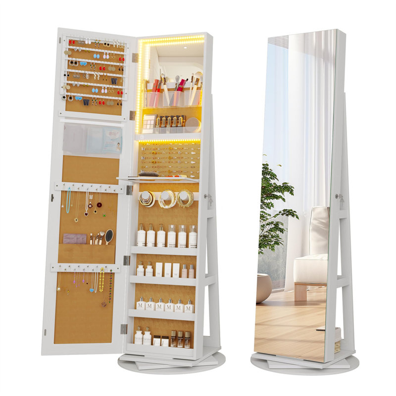 Modern Beige Yellow Triangular Jewellery Armoire With LED Lights, Full-Length Mirror, And 360° Swivel Base, Beige
