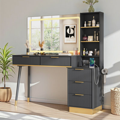 Carsin 48" Fluted Makeup Vanity Desk with 36" Big Lighted Mirror, Wood Bedroom Vanity with Lights & Glass Top, Charging Station