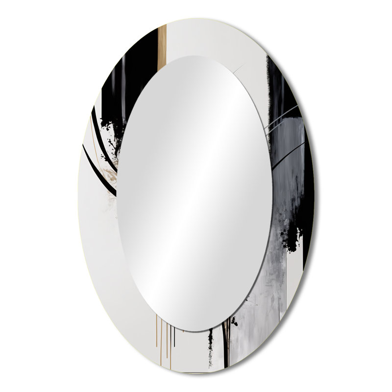 Noir, blanc et doré Expression II - Grand miroir mural ovale sur métal, 36 po x 24 po
