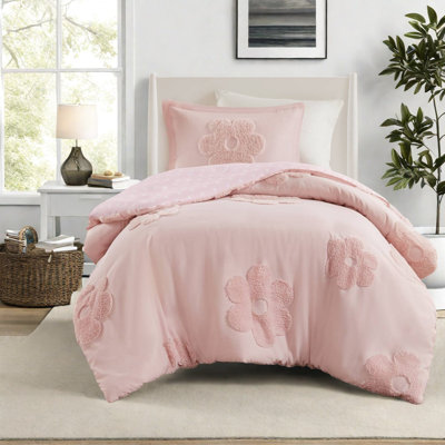 Soft Pink Twin Bedding Sets, Chenille Tufted Floral Design, Reversible & Antimicrobial