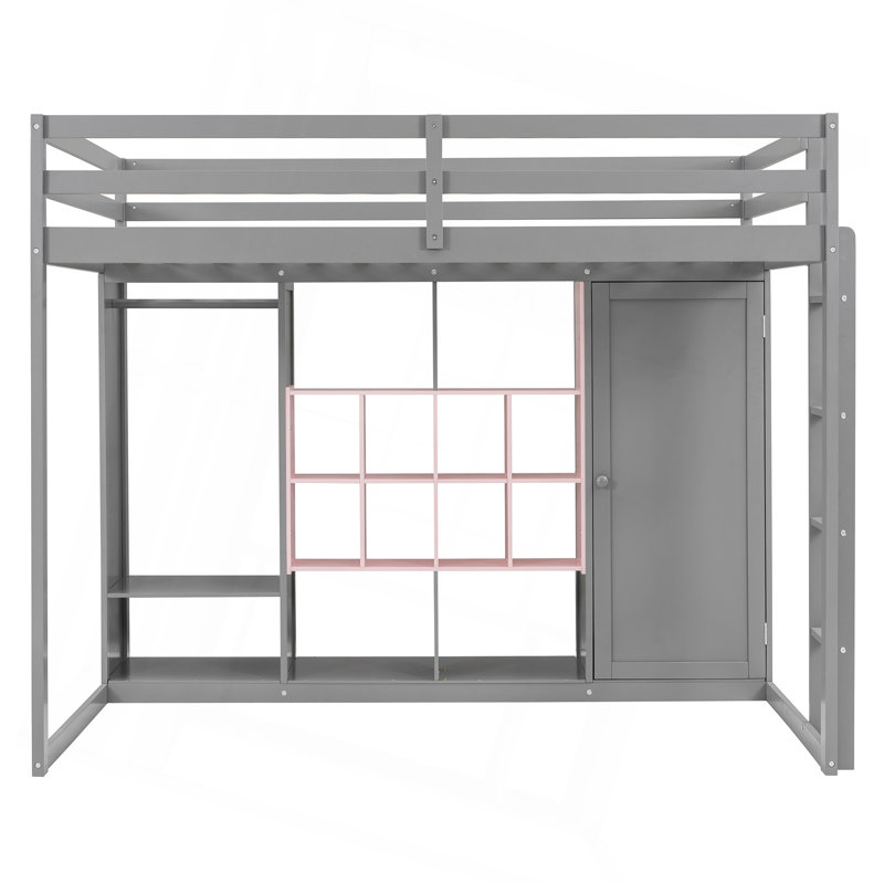 Lit mezzanine en bois avec garde-robe, tablettes et armoire, Rose / Gris, Lit double
