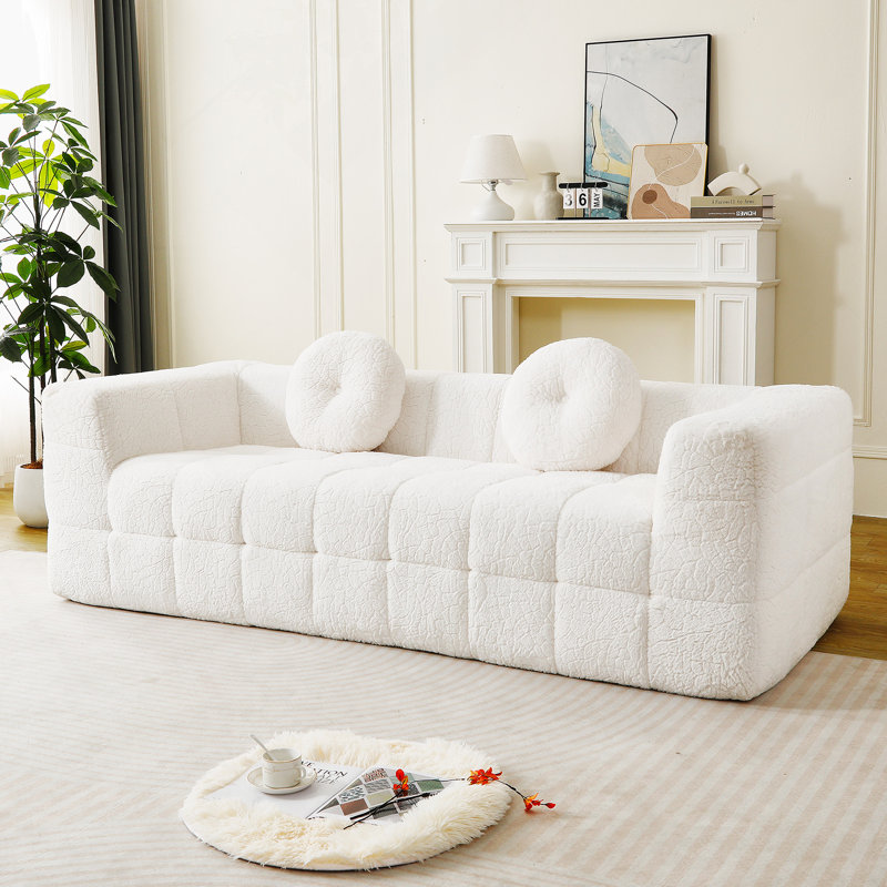 Canapé moderne de 84,6 pouces avec deux coussins décoratifs, tissu en polyester à poils longs texturé litchi doux pour la peau, canapé à trois places en mousse à carreaux