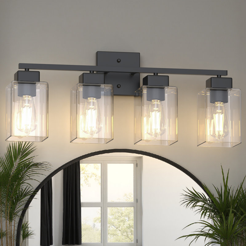 Industrial Vanity Light With Square Class Shade, Matte Black