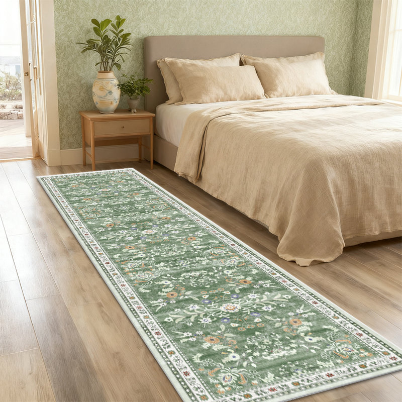 Machine-washable runner carpet Green bohemian floral carpet Hallway carpet, Runner 2' x 8'
